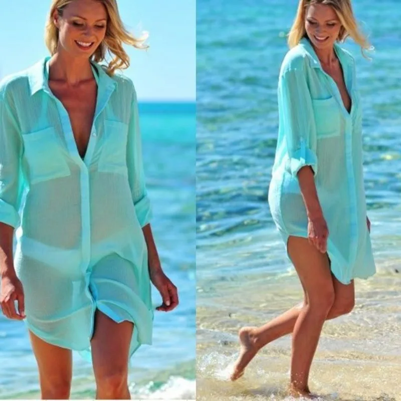 Beach Style Wrinkled Fabric Two Pockets Hidden Button Beach Cover-up 2024 European and American Style New Bikini Shirt