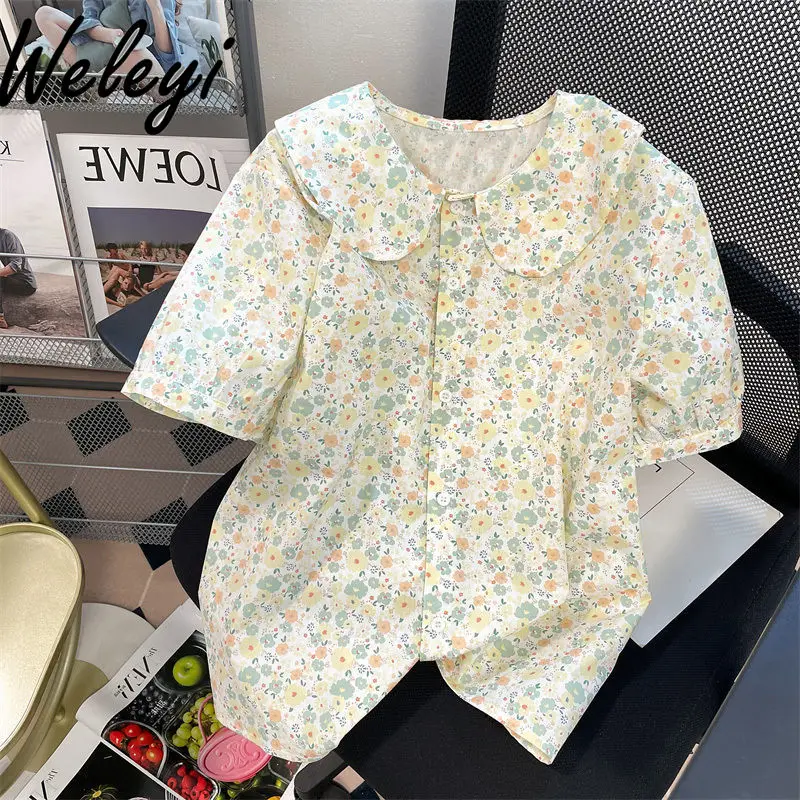 

Женская рубашка с коротким рукавом, летняя Свободная рубашка большого размера в японском стиле с цветочным принтом и круглым воротником, кг