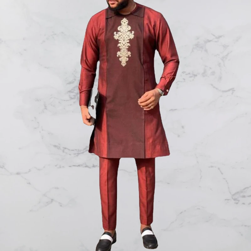 Full Sleeve Men Set African Traditional Dashki Kanga Clothing Shirt Trousers Set Bazin Rich Ethnic Sets Red Plus Size 2022 New african traditional clothing