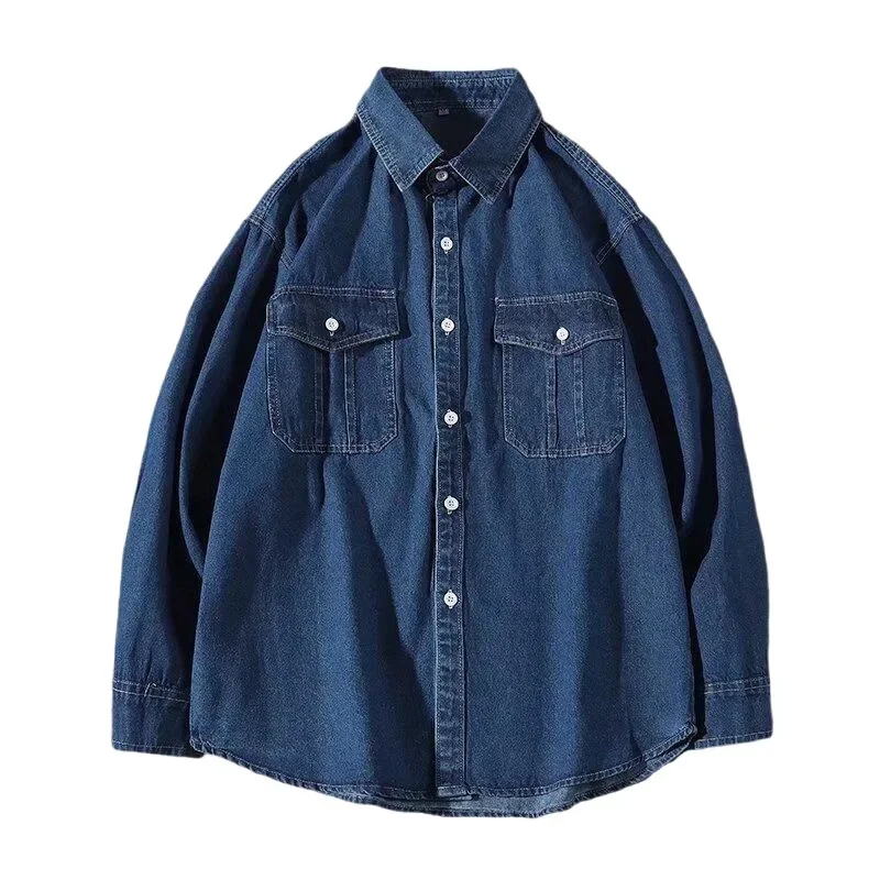 American Style Unisex Long Sleeve Denim Shirt Soft Wash Distressed Double Pocket Vintage