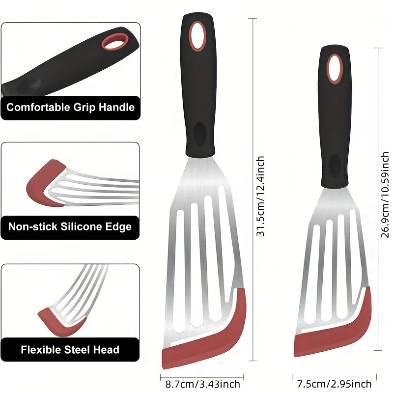 Fish Spatulas: 10.6 & 12.4 Inch Stainless Steel with Edge for Nonstick Pans,Perfect for Fish, Eggs, Pancakes, Steak, Barbecue