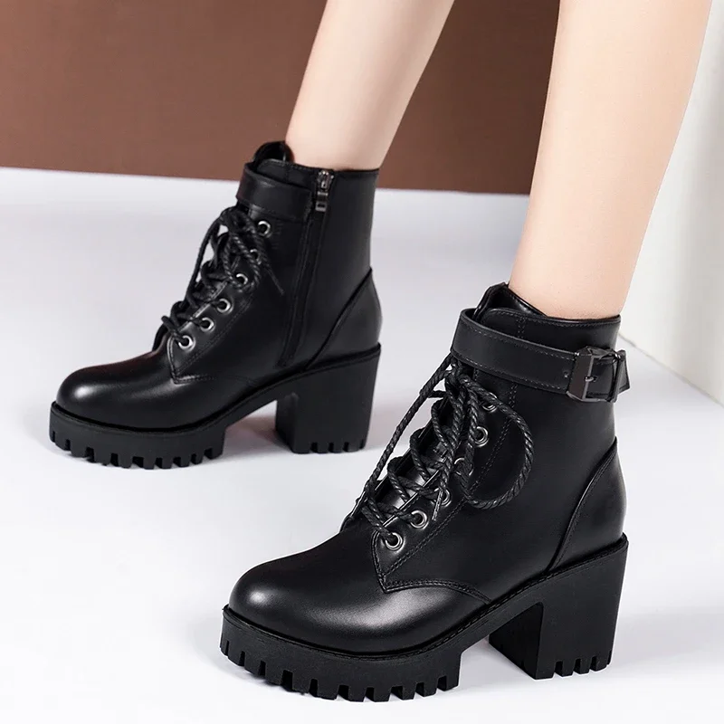 Women's Boots 2022 New Lace Up Boots for Women Fashion Knight Boots Women Round Head Chunky Heel Boots Female