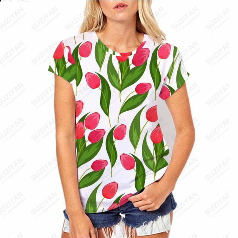 

2023Summer Fashion New Loose Fit Women's ShortSleeve T-shirt Tulip Flower Print Women's Short Sleeve Casual Commuter Women's Top