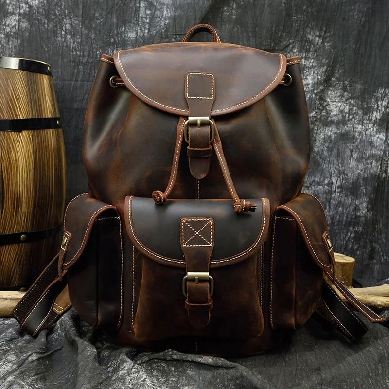 

Newsbirds Men's Crazy Horse Genuine Leather Vintage Handmade Knapsack Male Retro Rucksack Large Classic Fashion Travel Backpack