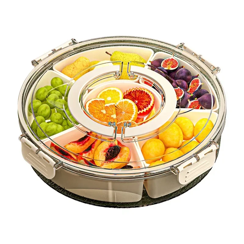 Six Point Rotating Fruit Tray with Handle Sealed Moisture-proof Dried Fruit Tray Portable Household Circular Snack Box with Lid fruit plate wooden serving tray snack dish plastic serving tray