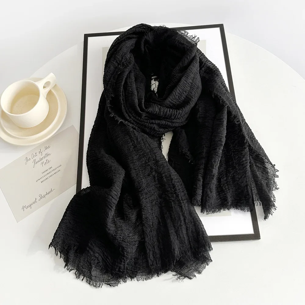 Black White Crinkle Cotton Hijab Light Soft Solid Scarf Wrap Shawl Women Musulman Headband Islamic Turban Tassels Scarves 2