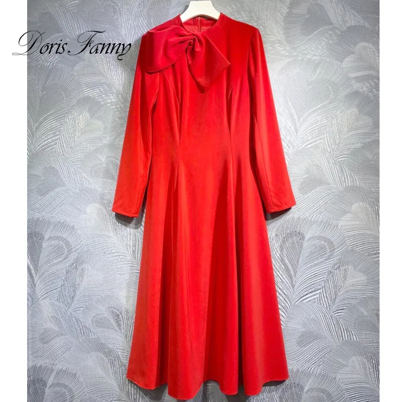 

Doris Fanny High Quality Spring Summer Women Fashion Elegant Red Dress Long Sleeve Big Swing Midi Dresses Female With Big Bowtie