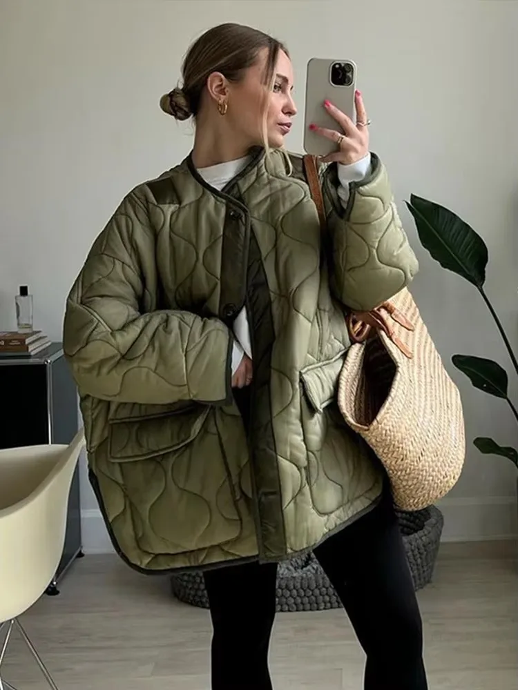 Solid Quilted Jackets Women 2025 Autumn Fashion O-neck Single Breasted Pocket Coats Female Long Sleeve Casual Lady Chic Outerwea