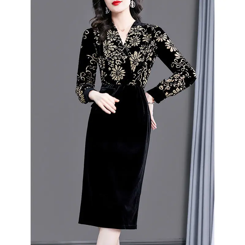 

French Printed V-neck Party Mid Dress Women 2023 Fashion Autumn Winter Elegant Office Ladies Vintage Slim Bodyone Dresses V196