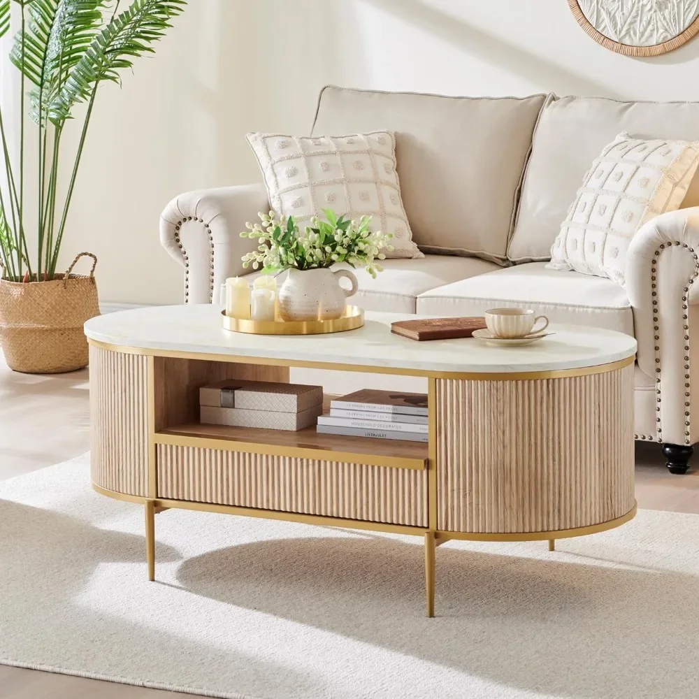 Modern Luxury Fluted Coffee Table, 48" Oval Coffee Table with Drawer, Faux Marble Top, Curved Profile Design, Gold Metal Decor