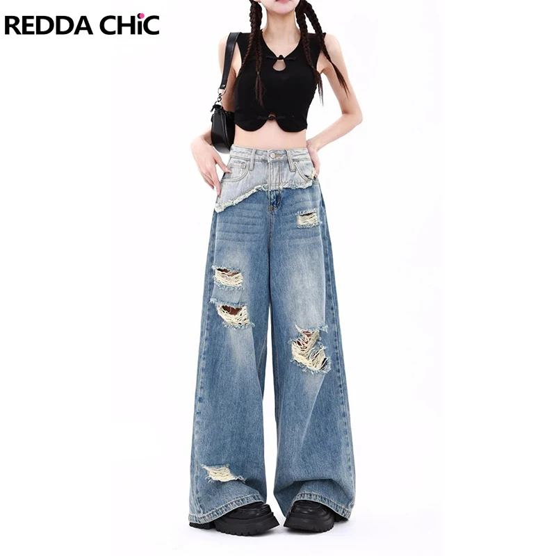 

ReddaChic Hip-hop Destroyed Women Denim Pants High Rise Ripped Holes Baggy Jeans Patchwork Blue Brushed Trousers Punk Streetwear