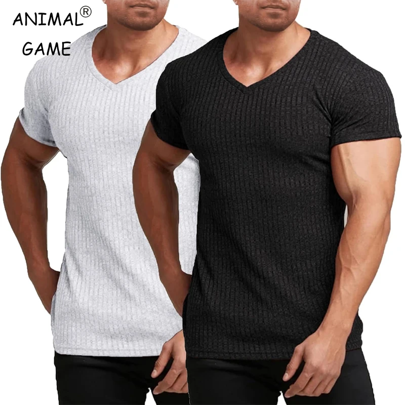 Sommer Herren Kurzarm T-Shirts mit V-Ausschnitt, Bodybuilding, Workout, Stretch-T-Shirts, geripptes Strickmuskulatur, leichtes, atmungsaktives Hemd