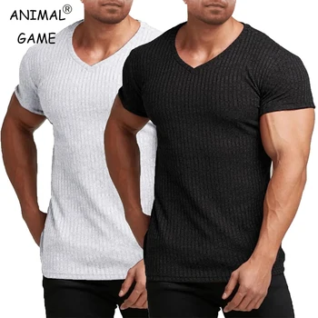Summer Men's Short Sleeve V Neck T Shirts Bodybuilding Workout Stretch TShirts Ribbed Knit Muscle Lightweight Breathable Shirt