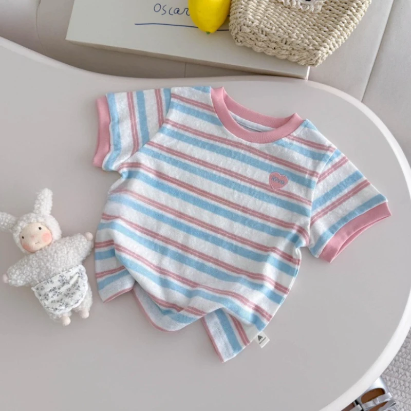 Girls Clothes Summer New Top 1-5 Years Children Pink Striped Round Neck T-shirt Fashion Casual Short Sleeve Color Blocked - 5
