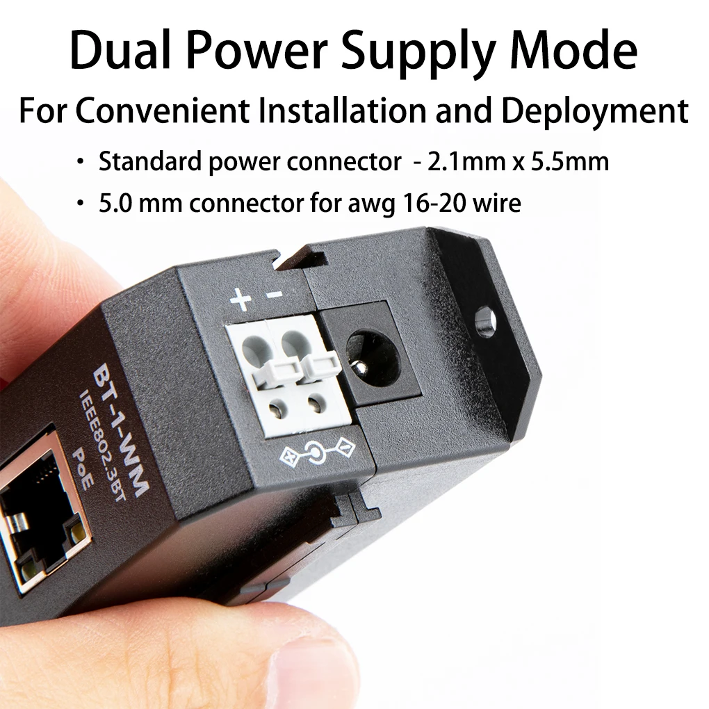 DIN Rail Single Port 2.5 Gigabit PoE Injector 802.3af/at/bt Negotiation Up to 90W Output PoE++ For PTZ IP Cameras High-end AP 5