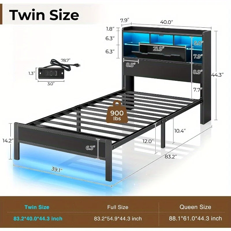Rolanstar Twin Bed Frame with LED Headboard Underbed Storage Metal Platform Bed with Charging Station and Glass Panels 2