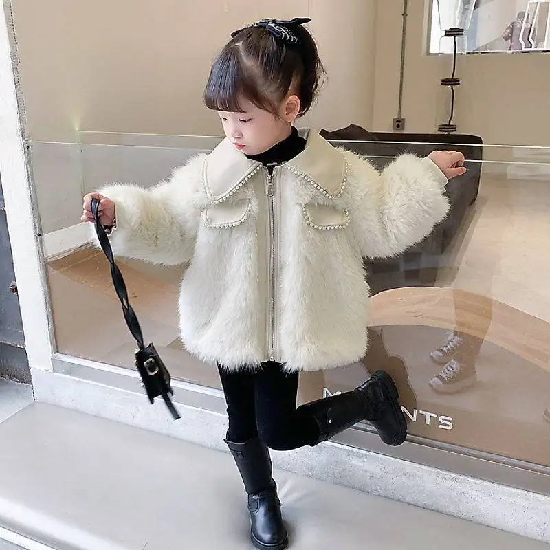 

Girls Coat Jacket Cotton Outwear Overcoat 2022 Beading Warm Thicken Plus Velvet Winter Autumn Teenager Children's Clothing