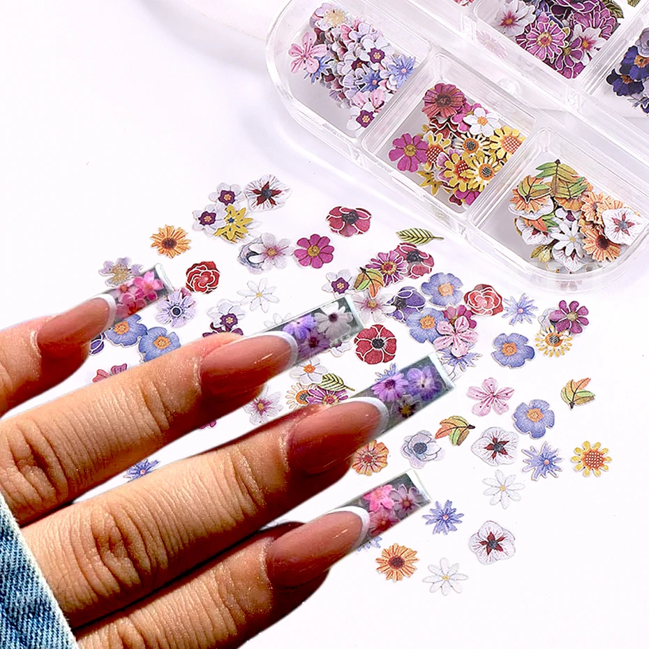 6 Grid Daisy Flower Slice Charm Floral Pattern Nail Decoration Spring Elegant Patch DIY Manicure Accessories Nail Supplies Tips