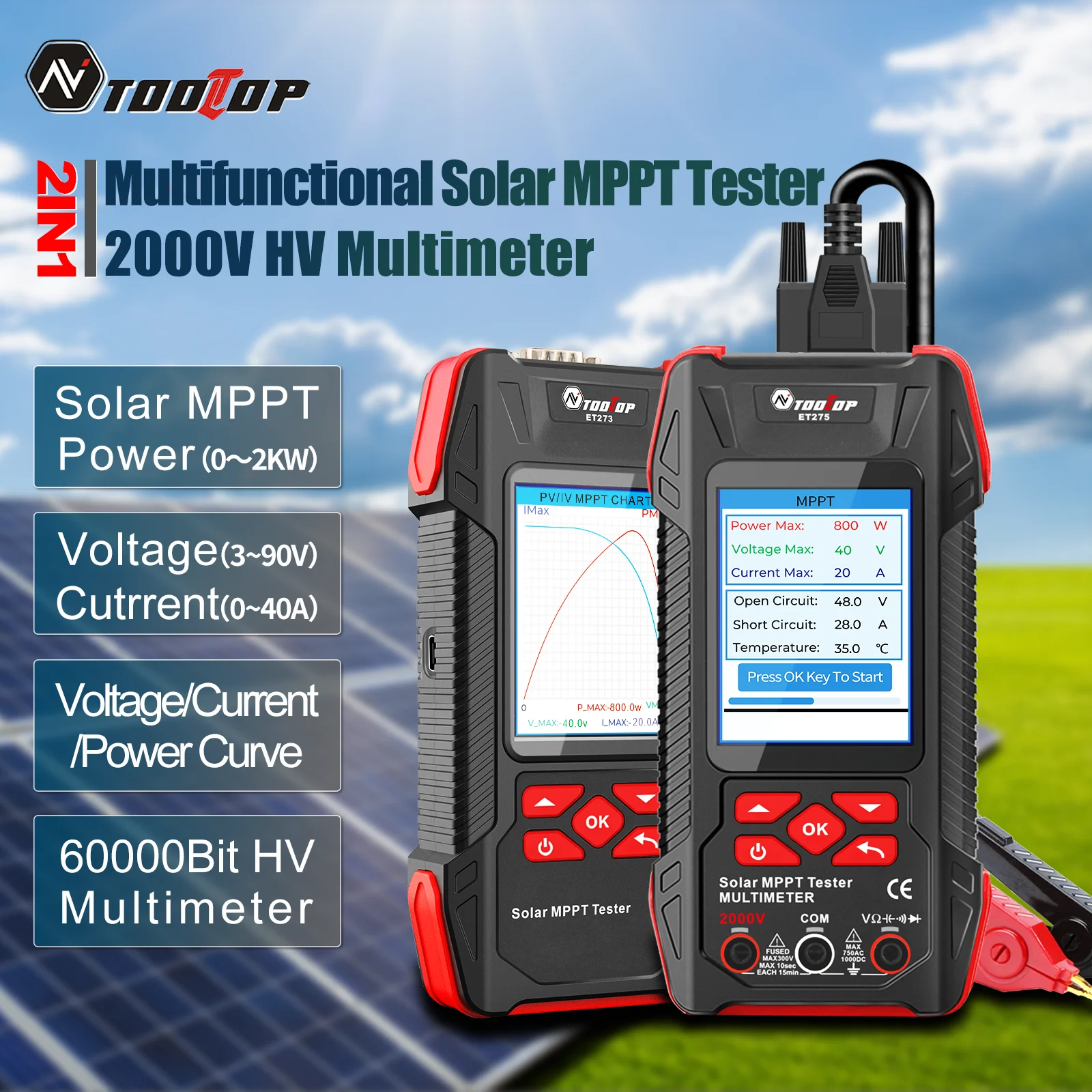 2000W Solar Panel Tester 3.2Inch MPPT Curves Photovoltaic Multimeter Pmax Voc Ls