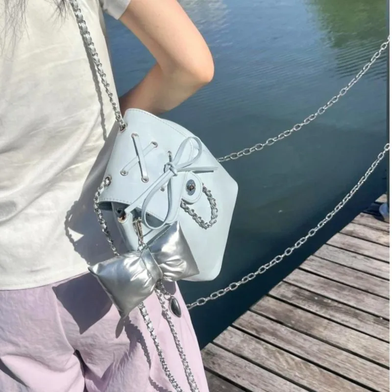 JIAERDI Harajuku Blue Mochila Women 2025 Vintage Leather Chain Bow Mini Backpacks Hot Girls Retro Fashionable Backpack Aesthetic