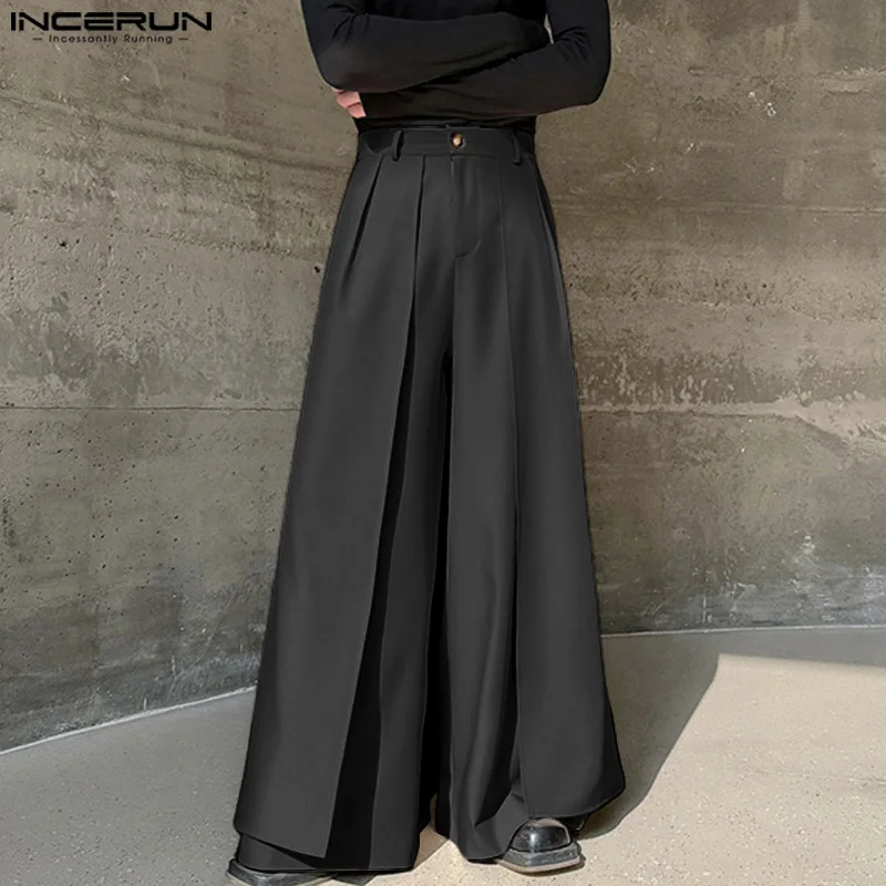 

INCERUN 2024, брюки в Корейском стиле, стильные мужские брюки с широкими штанинами, повседневная индивидуальная свободная Однотонная юбка, брюки