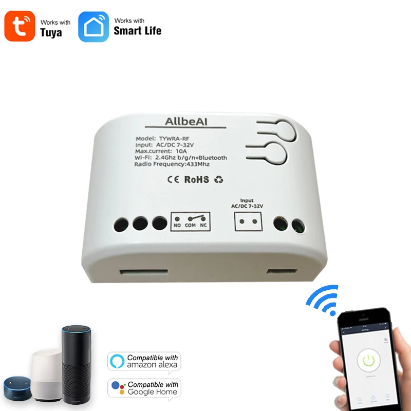 Tuya Smart 1CH DC 12V 24V 32V Wifi Module Wireless Remote Gate Garage Door Switch 1 Channel Inching Module Relay for Alexa Alice
