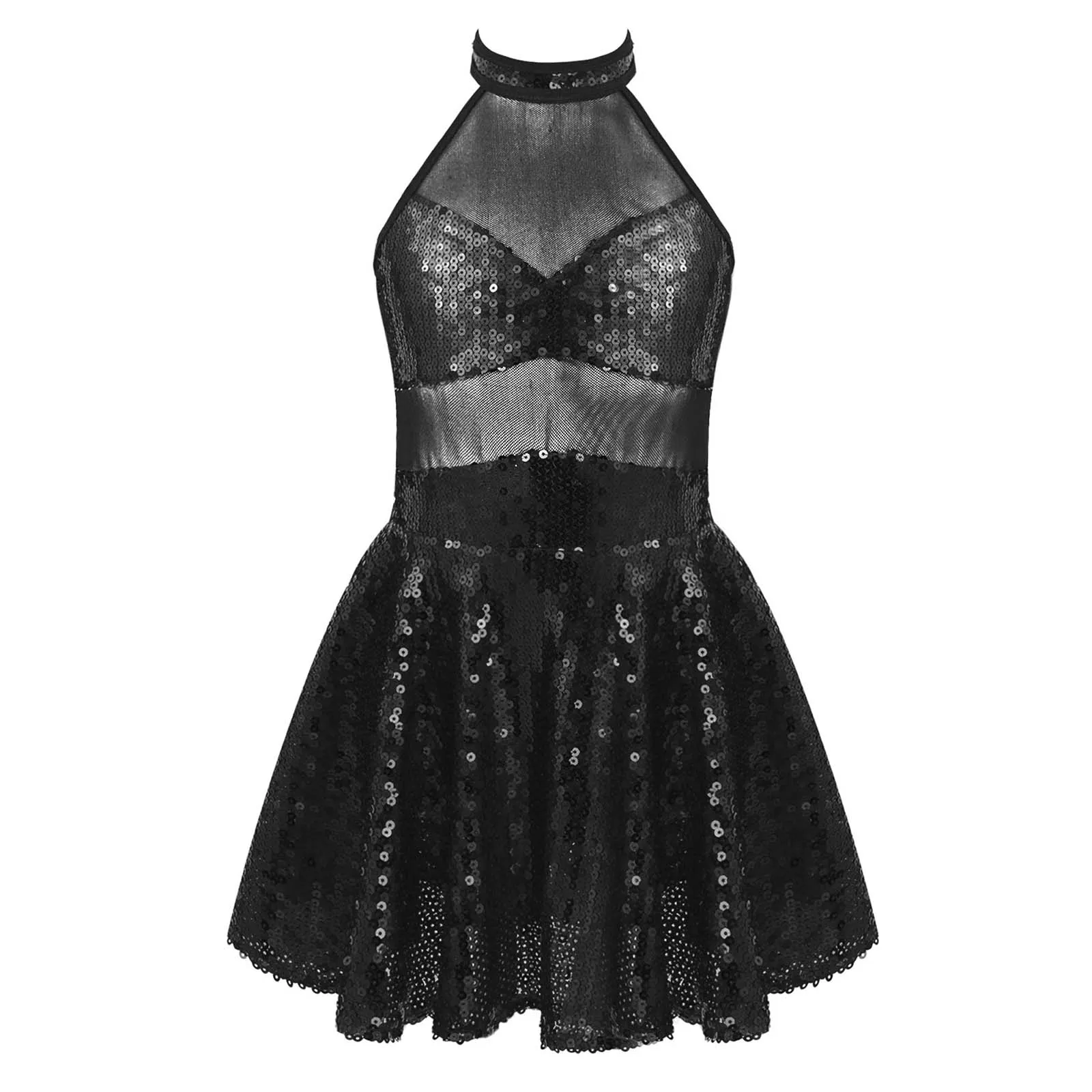 

Kids Girls Jazz Dance Costume Sleeveless Straps Hollow Back Sparkling Sequins Mesh Ballet Dress Dance Leotard Performance Dress