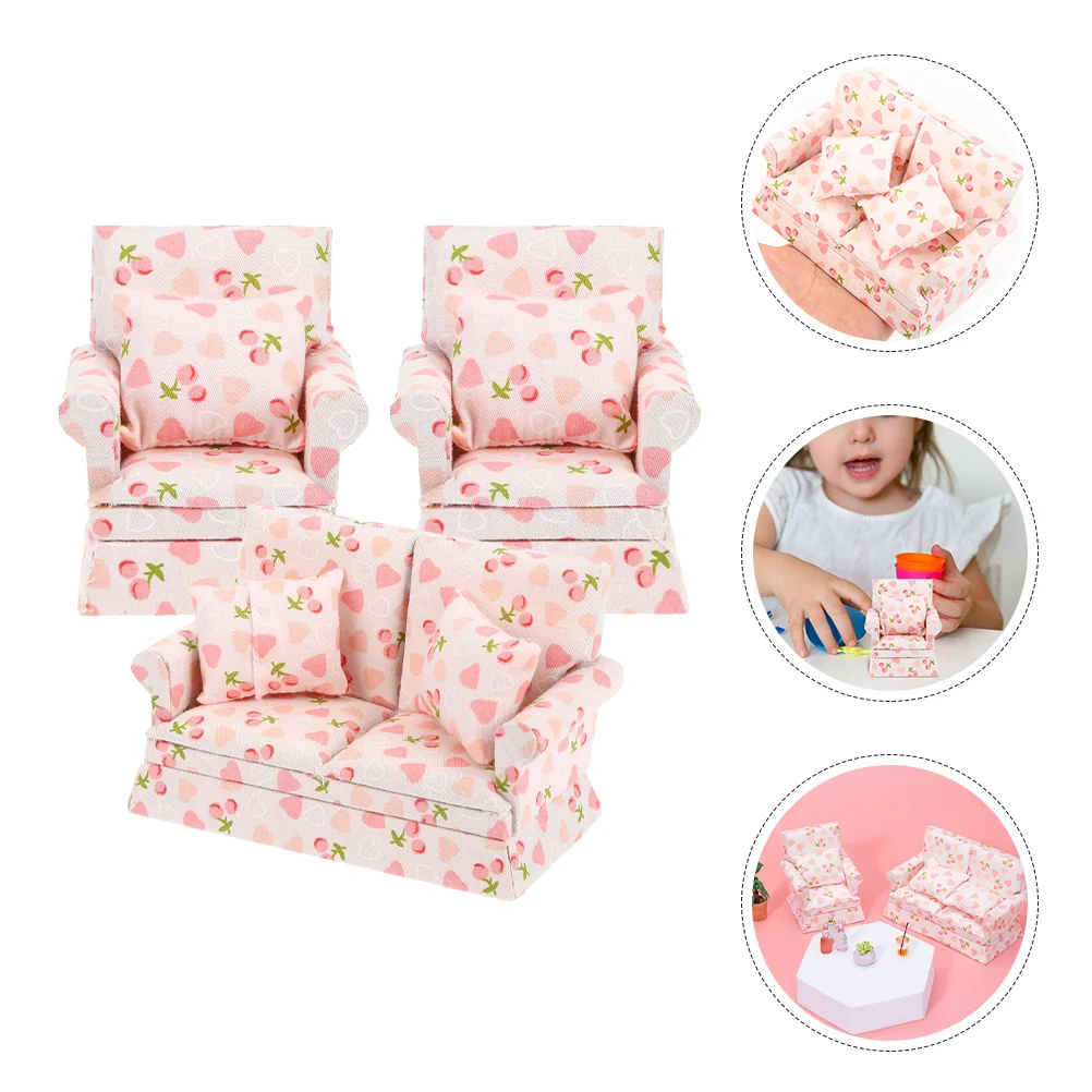 

1 Set House Mini Single Sofa Mini Double Sofa Couch Miniature Sofa with Pillows