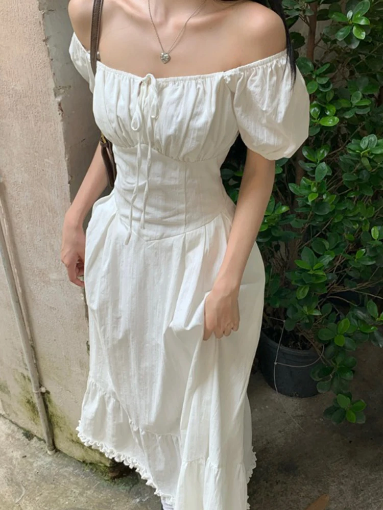 여성을위한 우아한 화이트 오프 숄더 버블 슬리브 드레스 여름 틈새 허리 장착 묶인 a 라인 롱 드레스 
