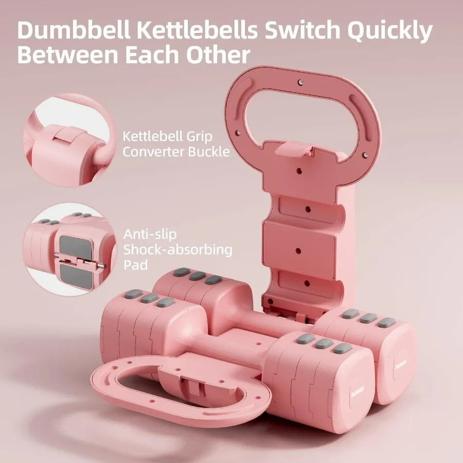 Lightweight Adjustable Dumbbell Kettlebell Set - 4 in 1 Free Weight Set with Kettlebell Grip Converter, Each 2.2 3.3 4.4 5.5lb Q
