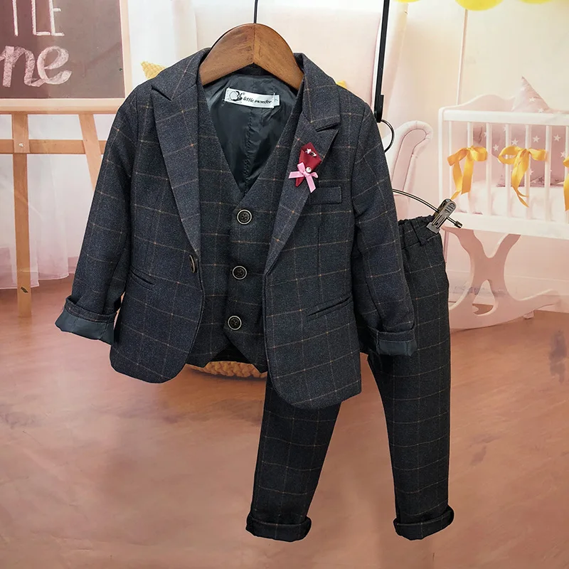 

Notched Lapel Plaid Child Suit Set 3-piece (Jacket+Vest+Pants) Single Row Breasted Kid Prom Party Dress Wear Outfit Formal Boys