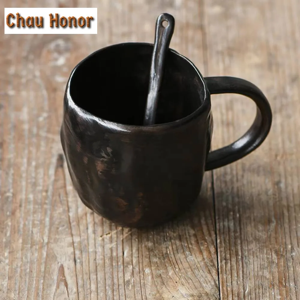 220ml Retro Balck Coarse Pottery Coffee Cup Office Water Cup Tea Mug Ceramic Coffee Mug Handmade Stoneware Drinkware Gift Box