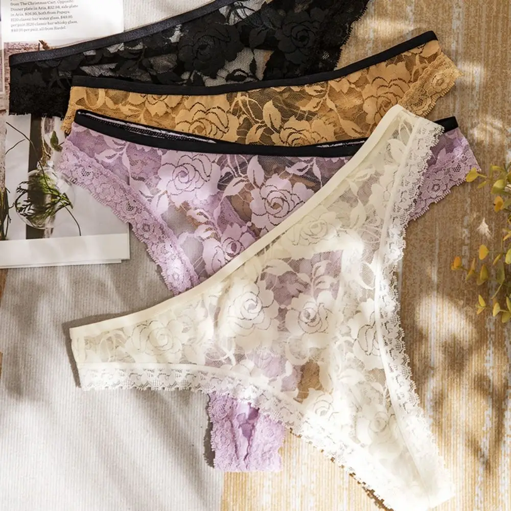 

Breathable Simple Sexy Thongs For Girls Flower Pattern Women Panties Lace Waist Briefs Underwear Adjustable Waist Panties