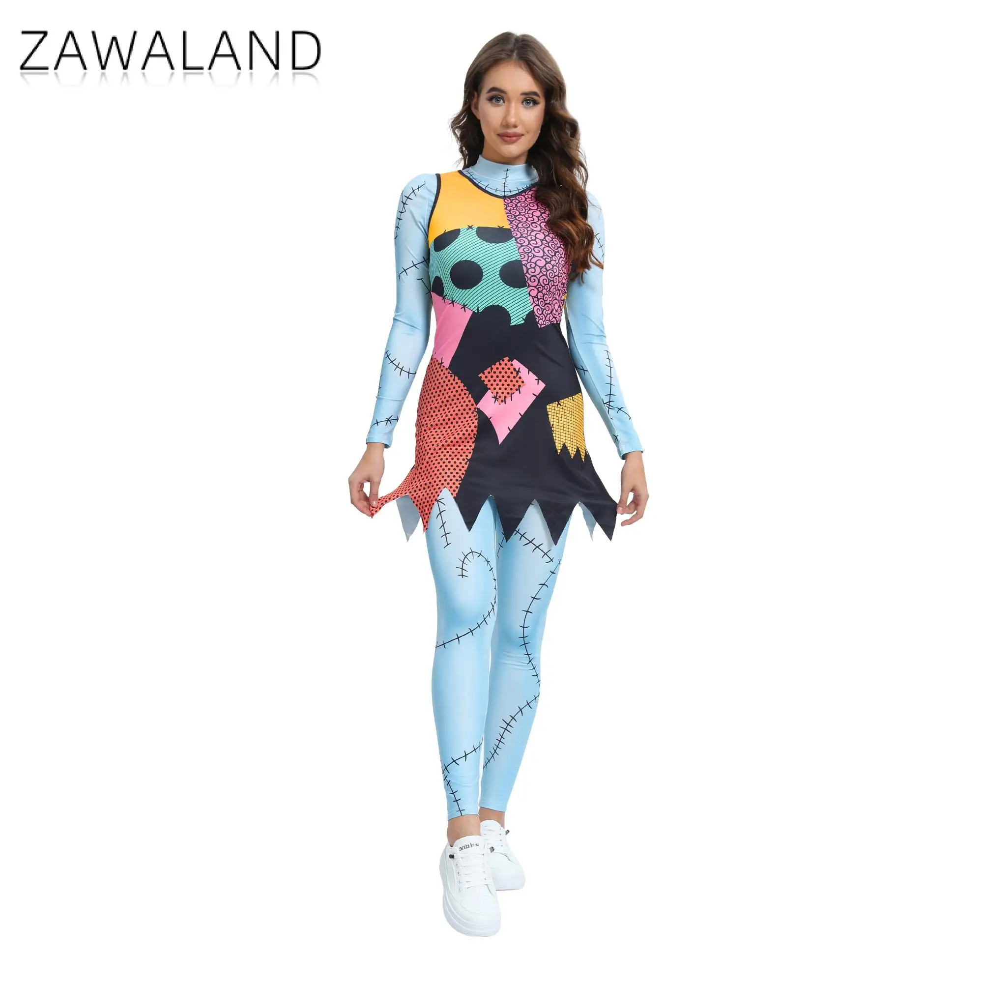 

Zawaland 2Pcs Halloween Anime Movie Sally Cosplay Dress Party Costume Women Slim Jumpsuit Catsuit Zentai Bodysuit Gothic Leggins