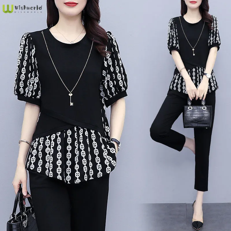 

2022 Summer New Two-piece Set Shows Thin Age Reduction Large Women's Wear Breathable and Cool Leisure Women's Suit