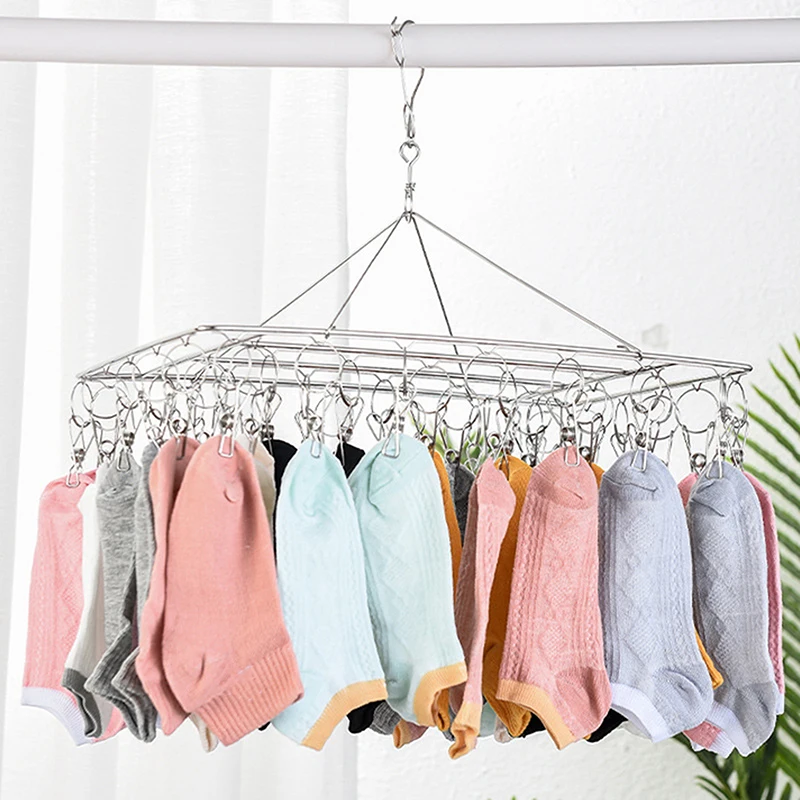 Sock Drying Rack With 40 Clips Stainless Steel Sock Hanging Rack Swivel Wind-proof Laundry Hanger Bra Towel Sock Clothespin 3