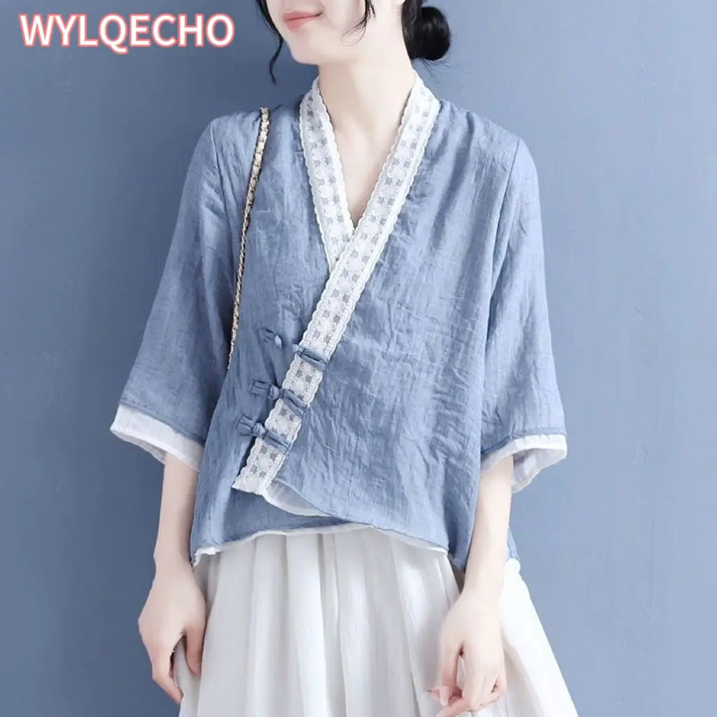 Blusa de lino para mujer, ropa tradicional china, Top Vintage, traje Tang de verano, 2024
