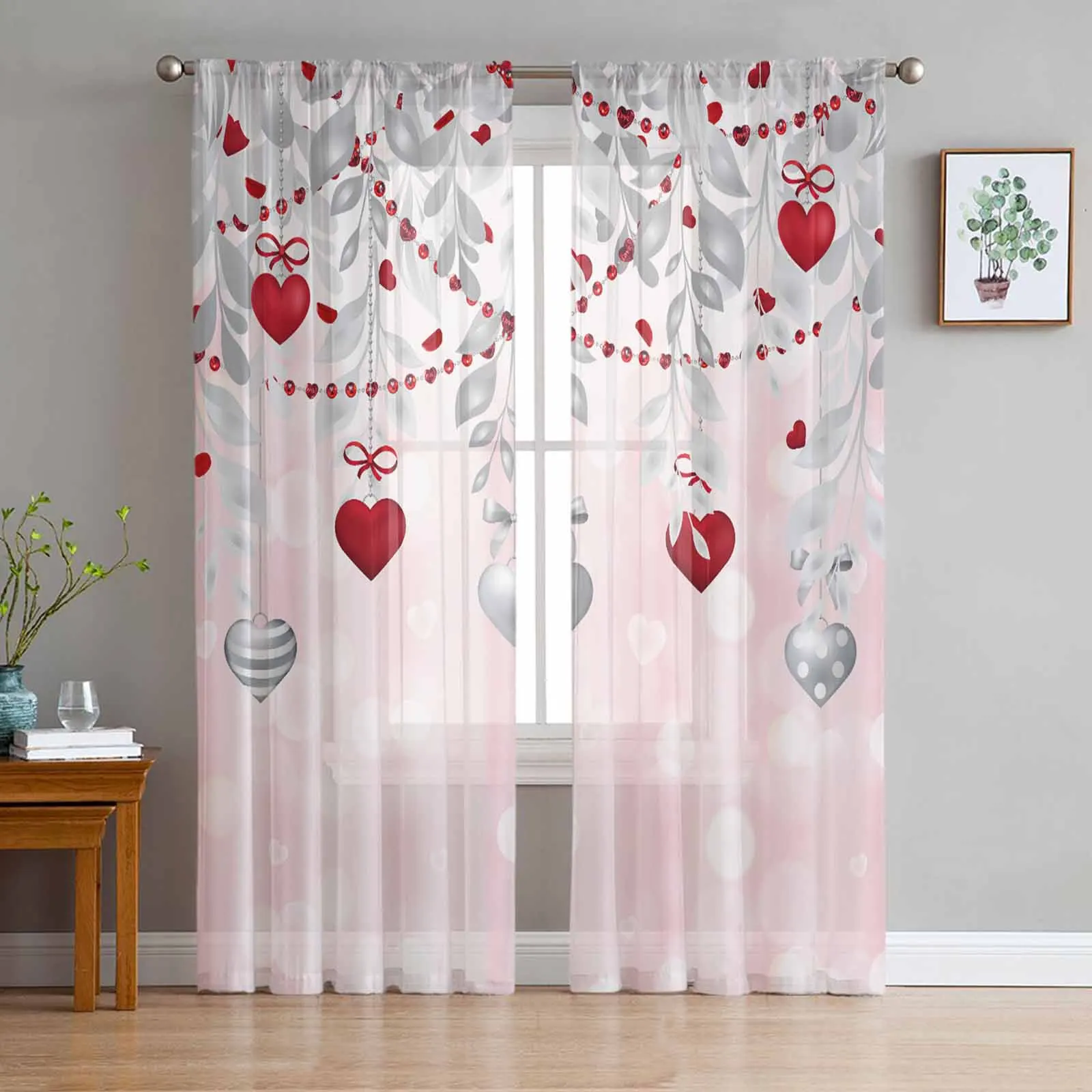 

Valentines Hearts Eucalyptus Leaves Tulle Curtains Living Room Kitchen Decoration Chiffon Window Treatments Voile Sheer Curtain