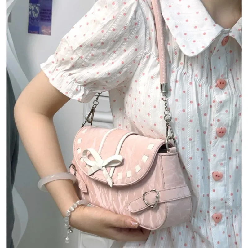 JIAERDI Sweet Bow Pink Underarm Bag Women Hot Girls Leather Shoulder Crossbody Bag Female Fairycore Aesthetic Y2k Handbag New