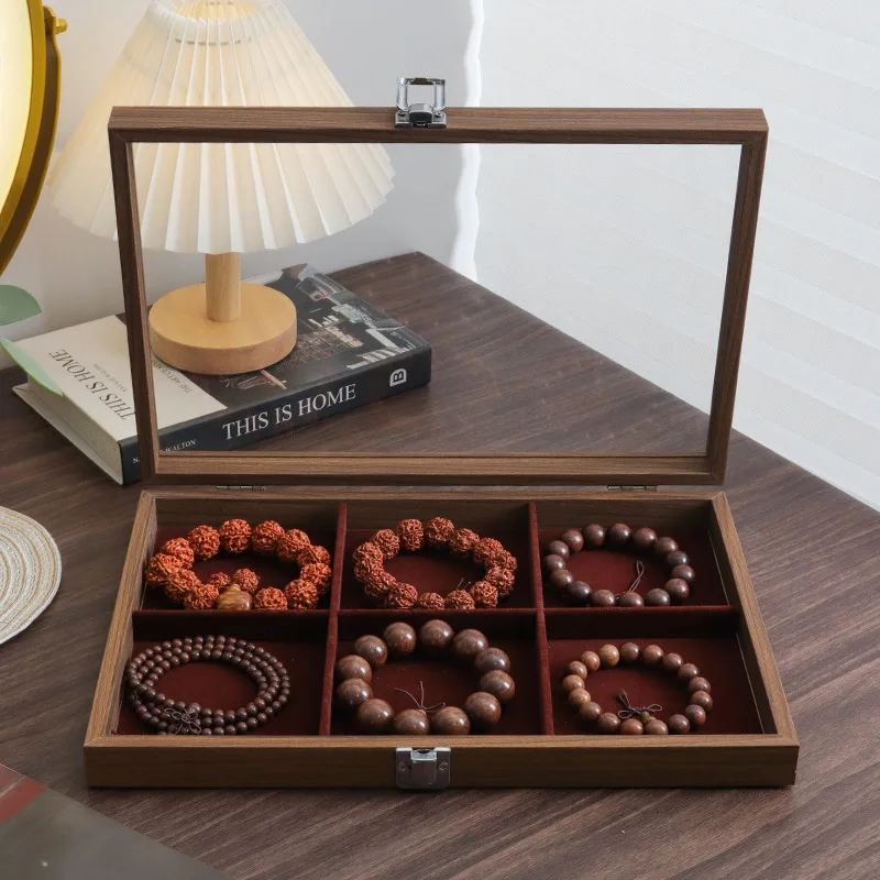 Net Red Black Walnut Patterned Wooden Glass Dustproof Bracelet Jewelry Storage Box Jewelry Viewing Storage Tray Display Tray