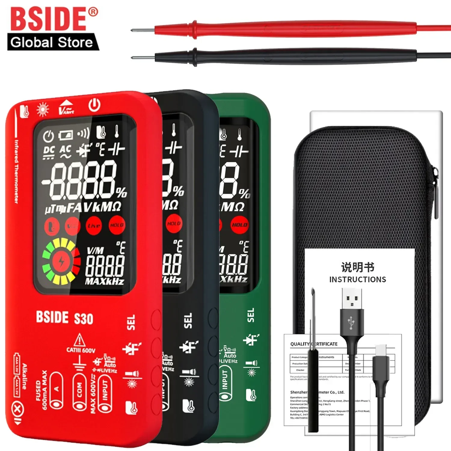 Bside S30 Smart Digital Multimeter 15V Diode Infrared Thermometer AC DC Voltage Current Recharge Professional Electronic Tester