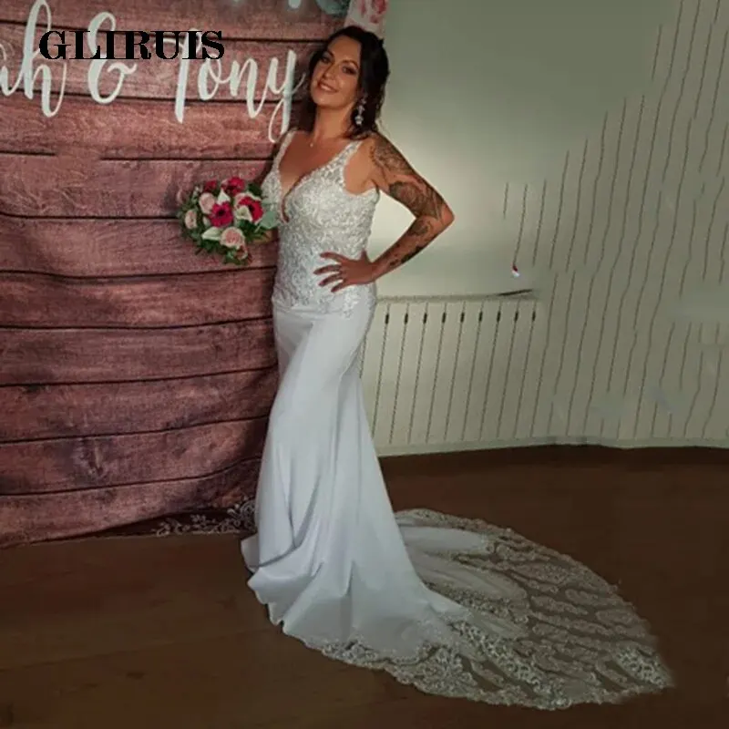 

2022 Boho Wedding Dresses V-Neck Appliques Lace Keyhole Back Mermaid Wedding Gown Custom Made Bride Dresses Real Photos