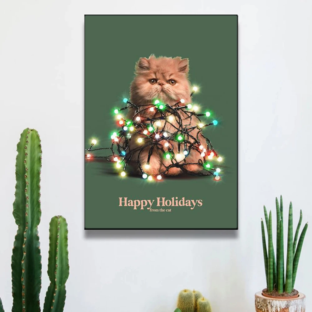 

Cats Happy Holidays Minimalistic Posters Wall Art Canvas Prints Modern Pop Animals Paintings for Living Room Home Decor Pictures