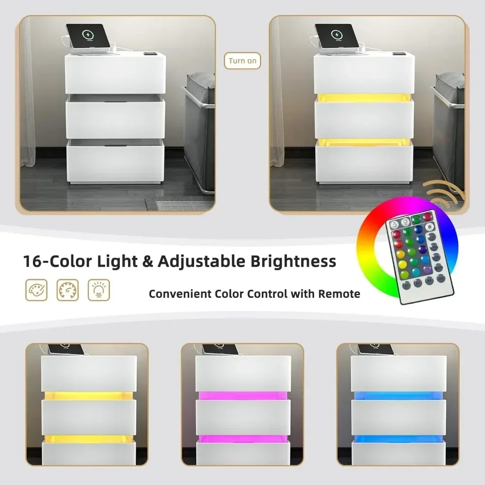 LED Nightstand Set of 2, Led Nightstand with Charging Station 3 Drawer Nightstand Smart Nightstand, Acrylic Nightstands Bedroom 4