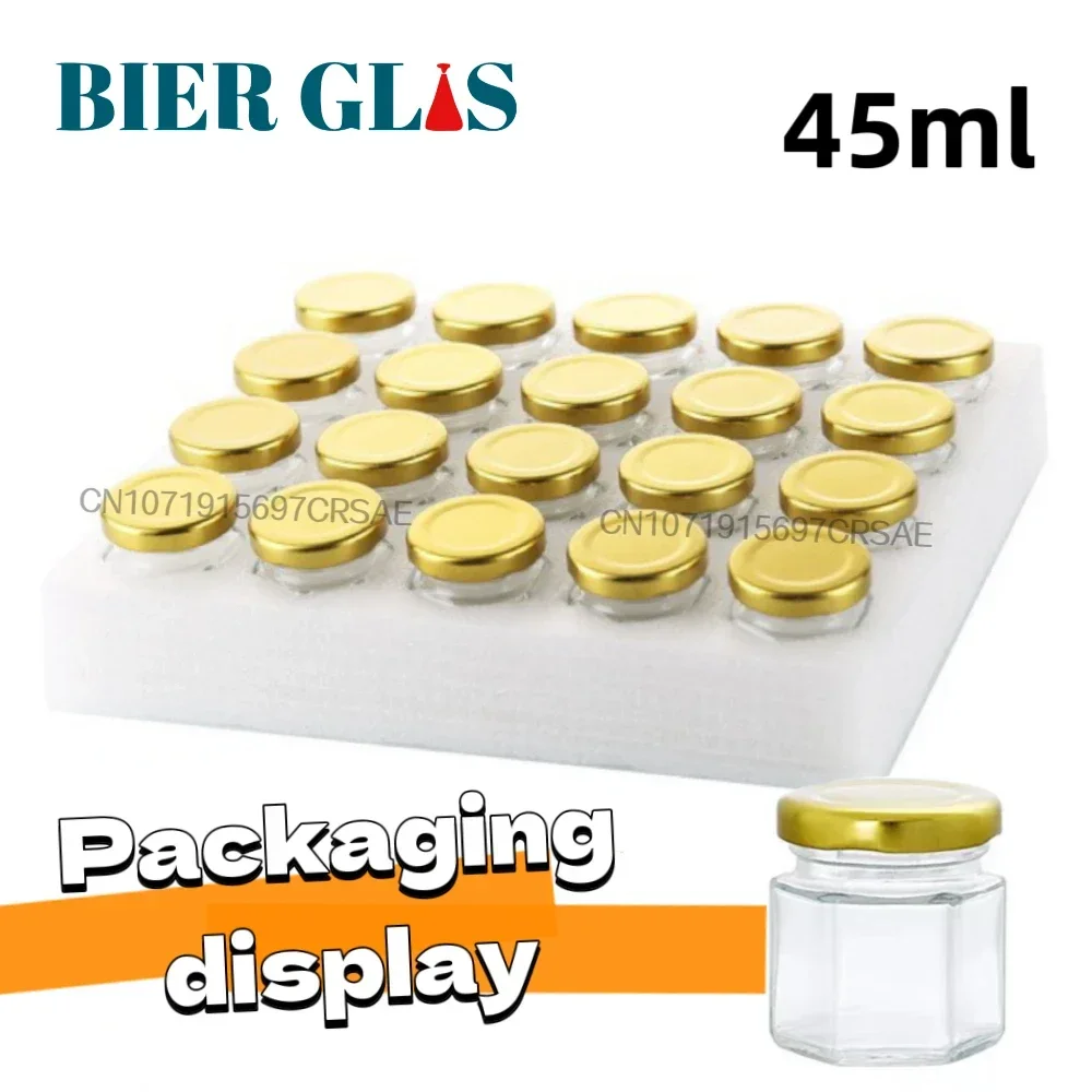 45ml Mini Hexagonal Glass Jars and Lids Glod Cap Split Bottle Small Containers Party Favors Set in Bulk for Guests for Jam Candy 6