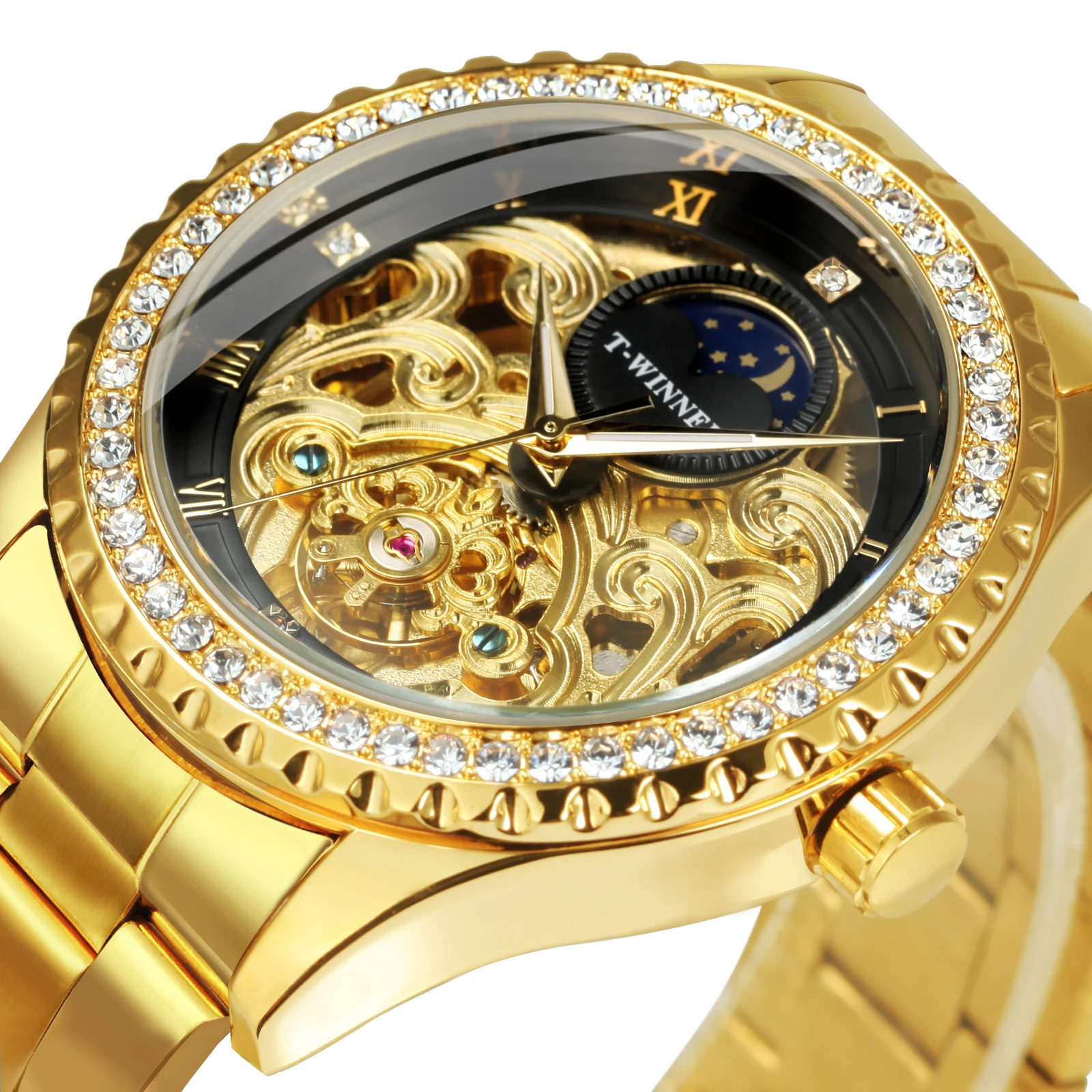 Winner Royal Skeleton Gold Watch For Men Fashion Diamond Moon Phase Tourbillon Orologi Meccanici Automatici Cinturino In Acciaio Inossidabile