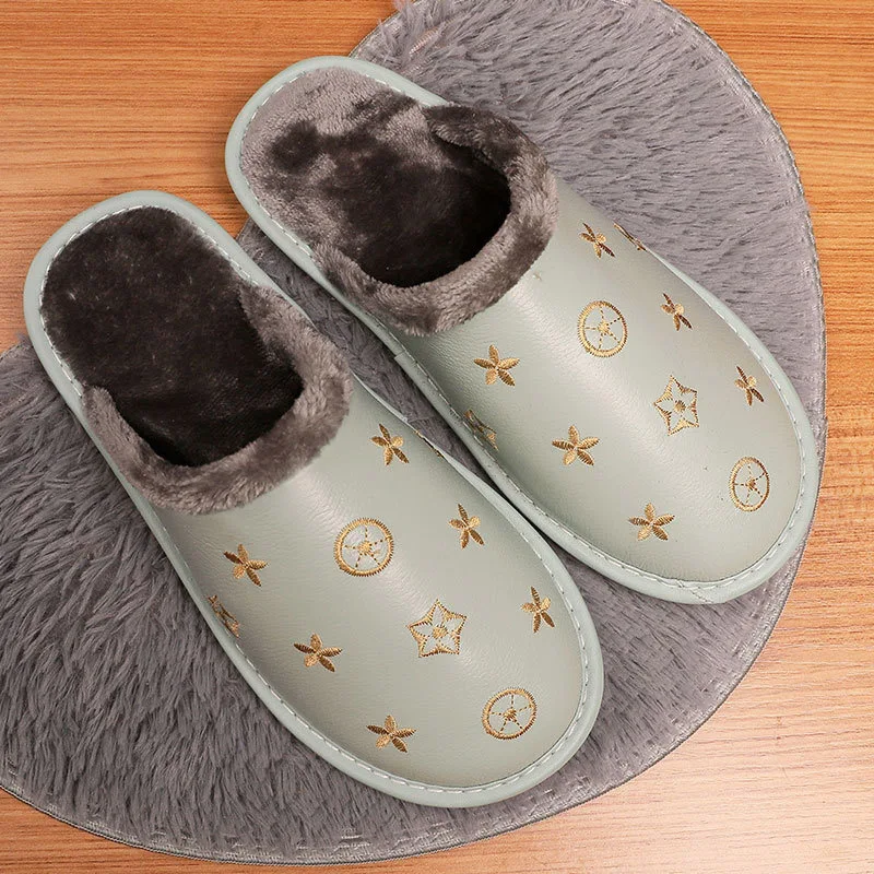 

2021 New Leather Slippers Women Winter Home Indoor Household Non-slip Warm Shoes Couple Home Cowhide Cotton Slippers Men