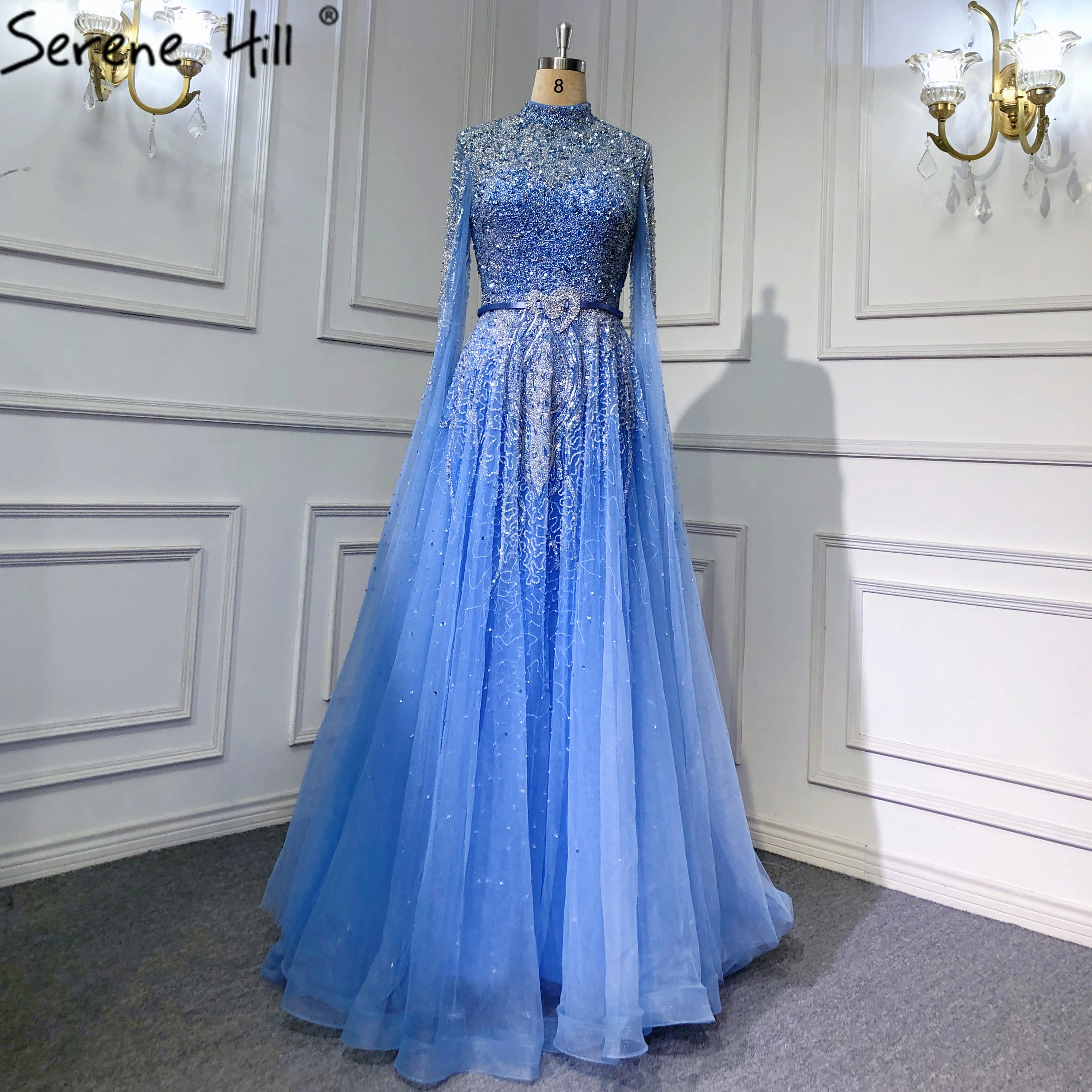 Serene Hill Blue Luxury Cape Sleeves Evening Dresses Gowns 2022 A-Line ...