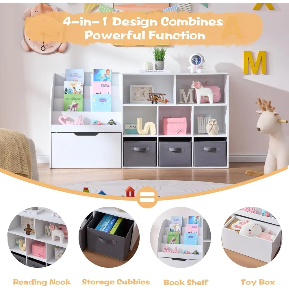 58.5'' Kids Bookshelf Toy Storage Organizer with Movable Drawer & Bins, White Playroom Bedroom Furniture