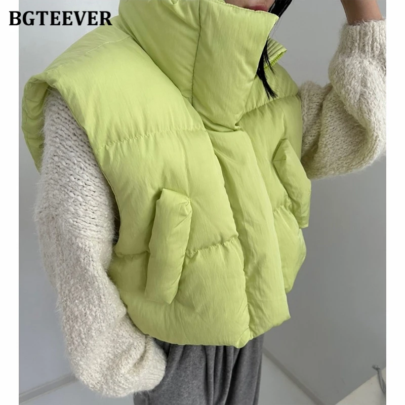 

Повседневная плотная теплая Женская однотонная парка BGTEEVER без рукавов, Зимние Модные свободные женские однобортные пуховики с карманами
